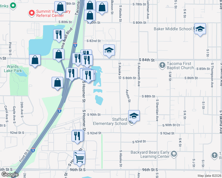 map of restaurants, bars, coffee shops, grocery stores, and more near 1735 South 88th Street in Tacoma