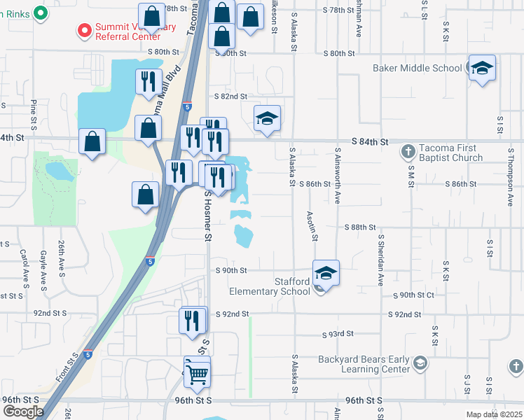 map of restaurants, bars, coffee shops, grocery stores, and more near 1735 South 88th Street in Tacoma