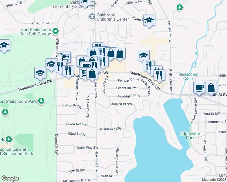map of restaurants, bars, coffee shops, grocery stores, and more near 8110 Leschi Road Southwest in Lakewood