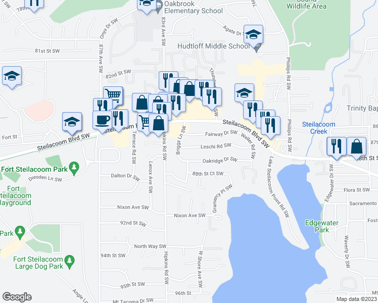 map of restaurants, bars, coffee shops, grocery stores, and more near 8110 Leschi Road Southwest in Lakewood
