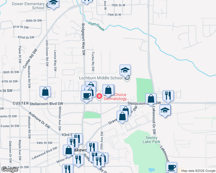 map of restaurants, bars, coffee shops, grocery stores, and more near 8720 58th Avenue Southwest in Lakewood