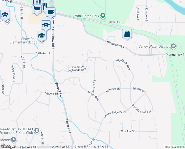 map of restaurants, bars, coffee shops, grocery stores, and more near 1406 34th Street Southeast in Tacoma