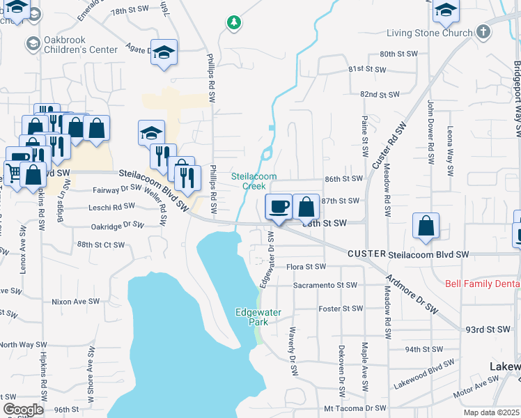 map of restaurants, bars, coffee shops, grocery stores, and more near 8719 72nd Avenue Court Southwest in Lakewood