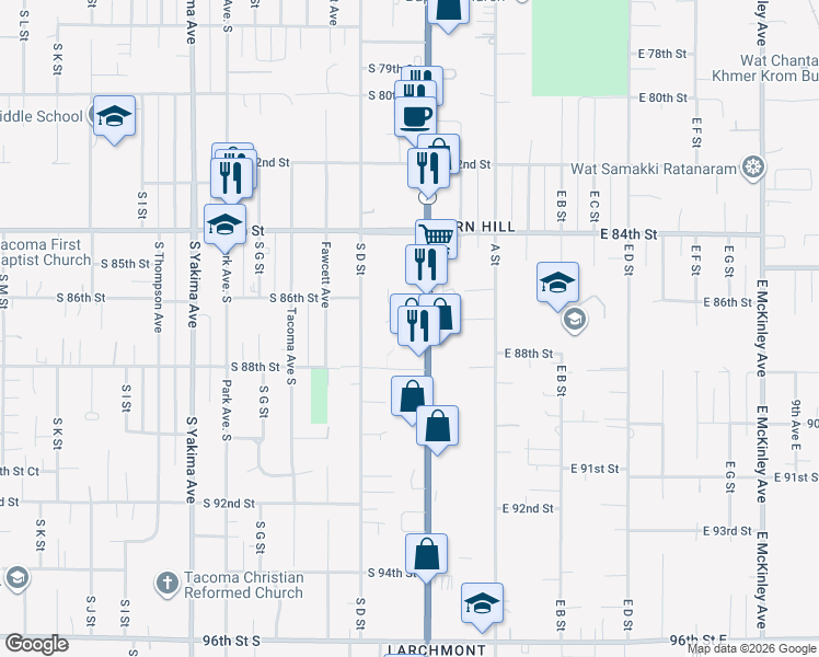 map of restaurants, bars, coffee shops, grocery stores, and more near in Tacoma