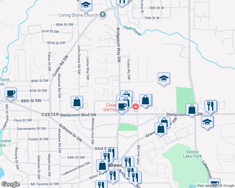 map of restaurants, bars, coffee shops, grocery stores, and more near in Lakewood