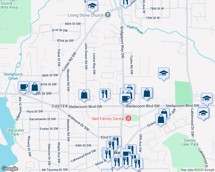 map of restaurants, bars, coffee shops, grocery stores, and more near 6131 88th Street Southwest in Tacoma