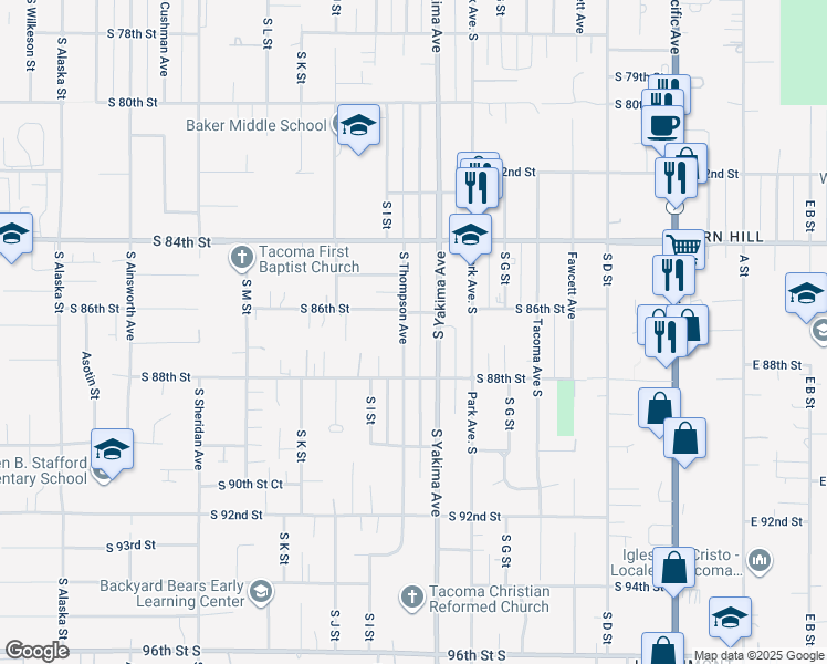 map of restaurants, bars, coffee shops, grocery stores, and more near 8634 South Thompson Avenue in Tacoma
