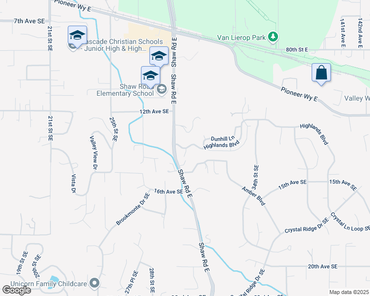 map of restaurants, bars, coffee shops, grocery stores, and more near 2926 Highlands Boulevard in Puyallup
