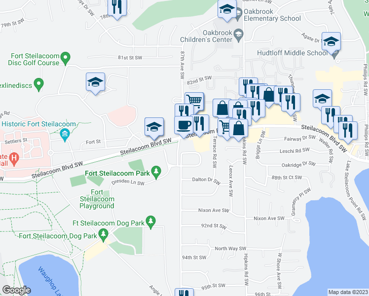 map of restaurants, bars, coffee shops, grocery stores, and more near 8701 Dresden Lane Southwest in Lakewood