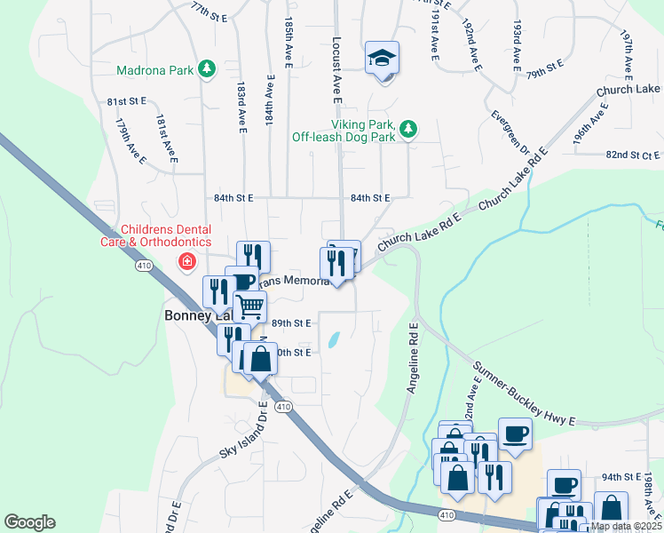 map of restaurants, bars, coffee shops, grocery stores, and more near 18525 Veterans Memorial Drive East in Bonney Lake