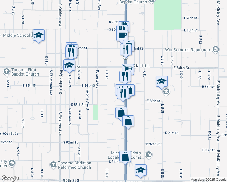 map of restaurants, bars, coffee shops, grocery stores, and more near 8632 South C Street in Tacoma