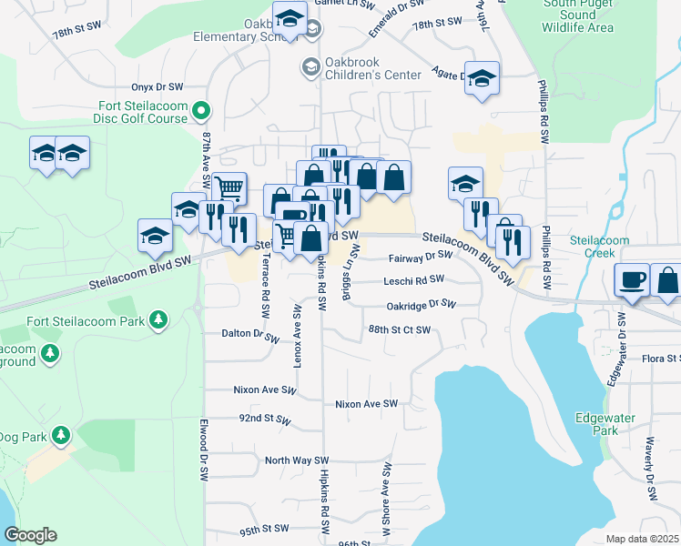 map of restaurants, bars, coffee shops, grocery stores, and more near 8704 Briggs Lane Southwest in Lakewood