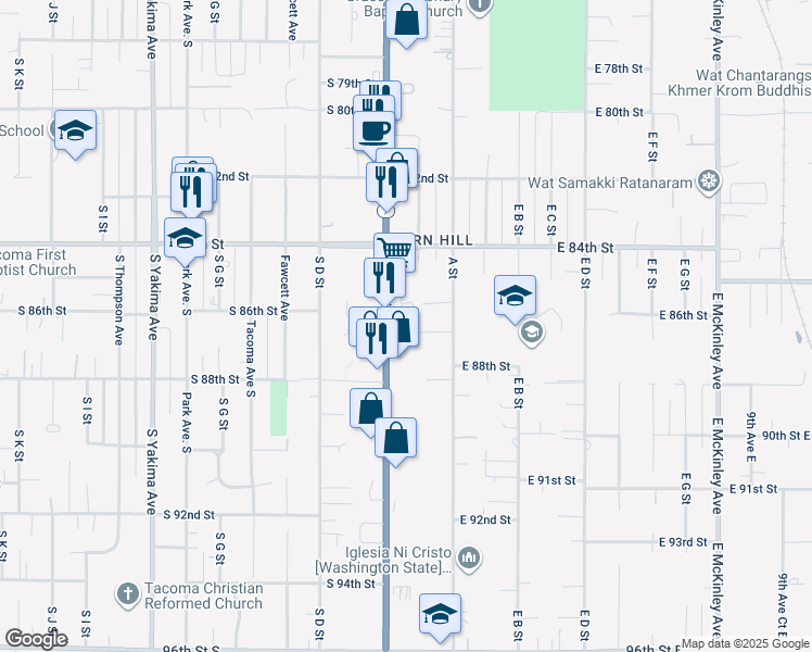 map of restaurants, bars, coffee shops, grocery stores, and more near 8439 Pacific Avenue in Tacoma