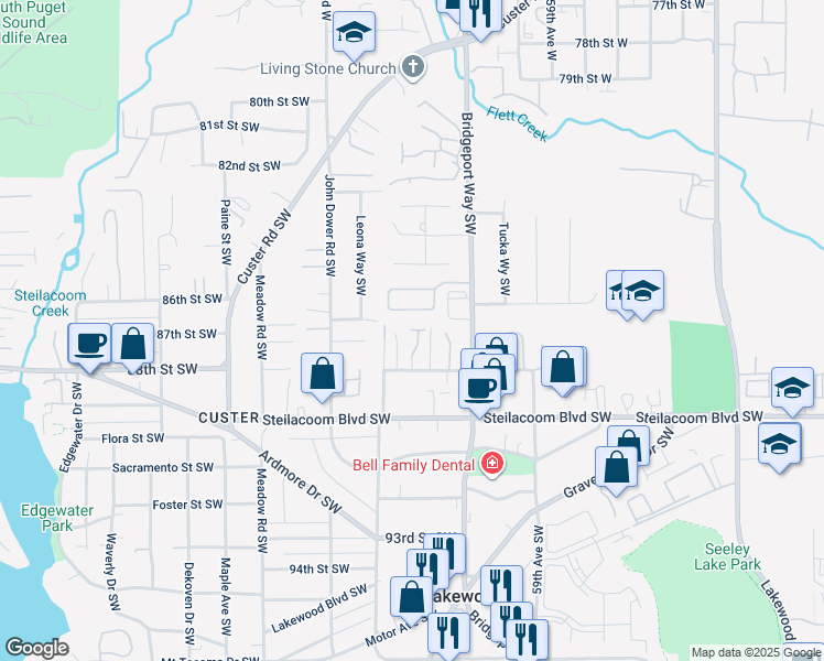 map of restaurants, bars, coffee shops, grocery stores, and more near 8613 62nd Avenue Court Southwest in Lakewood