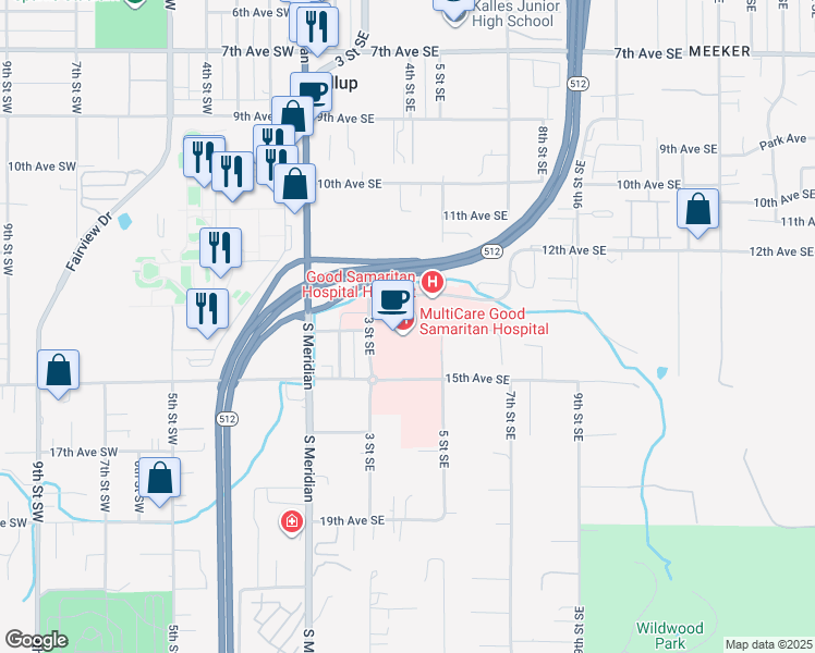 map of restaurants, bars, coffee shops, grocery stores, and more near 407 14th Avenue Southeast in Puyallup