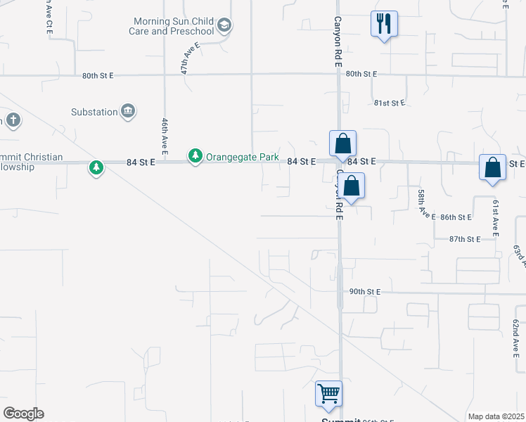 map of restaurants, bars, coffee shops, grocery stores, and more near 5003 86th Street Court East in Tacoma