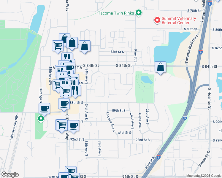 map of restaurants, bars, coffee shops, grocery stores, and more near 8607 32nd Avenue Court South in Lakewood
