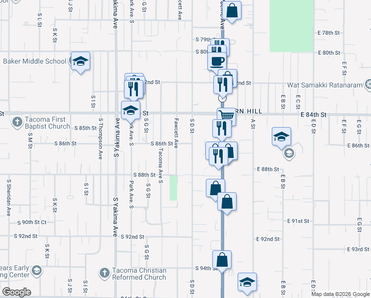 map of restaurants, bars, coffee shops, grocery stores, and more near 8441 Fawcett Avenue in Tacoma
