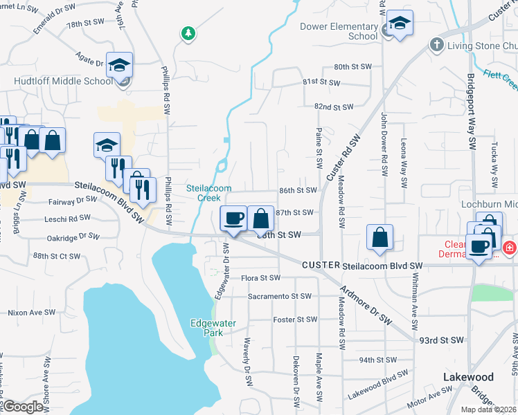 map of restaurants, bars, coffee shops, grocery stores, and more near 7111 86th Street Southwest in Tacoma
