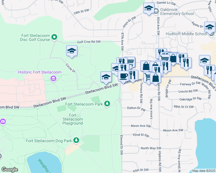 map of restaurants, bars, coffee shops, grocery stores, and more near 8805 Steilacoom Boulevard Southwest in Lakewood