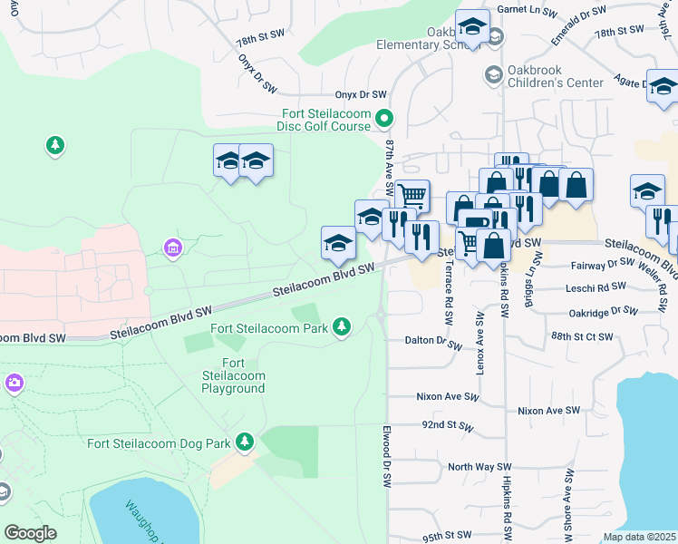 map of restaurants, bars, coffee shops, grocery stores, and more near 8805 Steilacoom Boulevard Southwest in Lakewood
