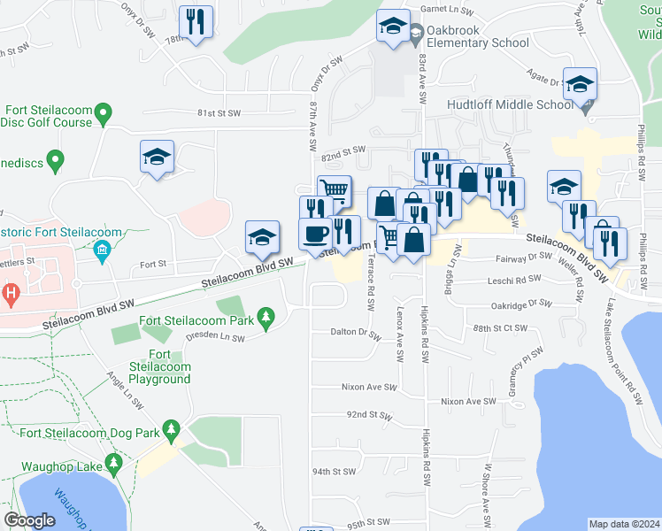map of restaurants, bars, coffee shops, grocery stores, and more near 8610 Steilacoom Boulevard Southwest in Lakewood