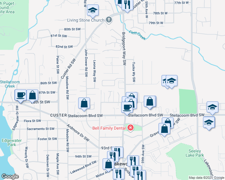 map of restaurants, bars, coffee shops, grocery stores, and more near 8613 62nd Avenue Court Southwest in Lakewood