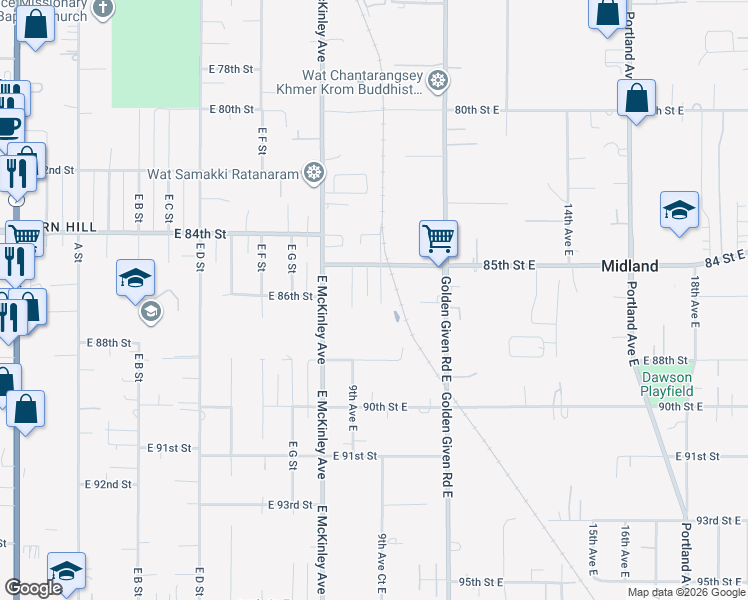 map of restaurants, bars, coffee shops, grocery stores, and more near 8511 9th Avenue East in Tacoma