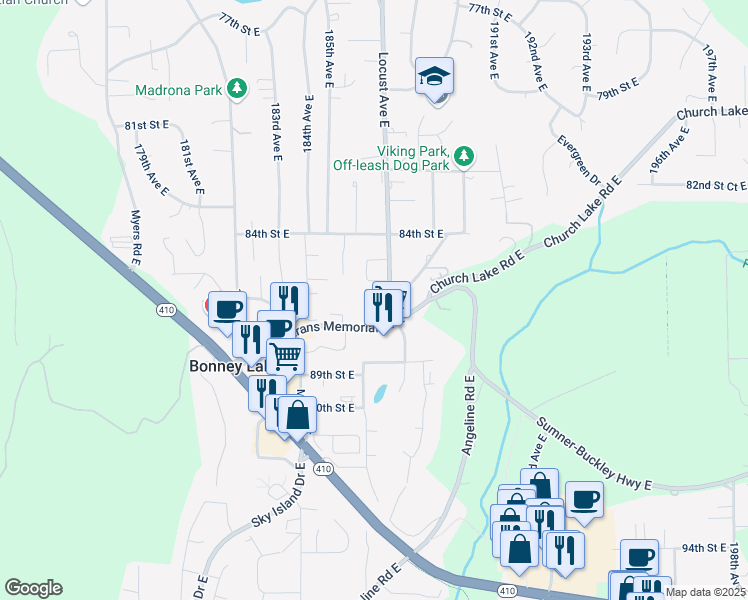 map of restaurants, bars, coffee shops, grocery stores, and more near 8403 Locust Avenue East in Bonney Lake
