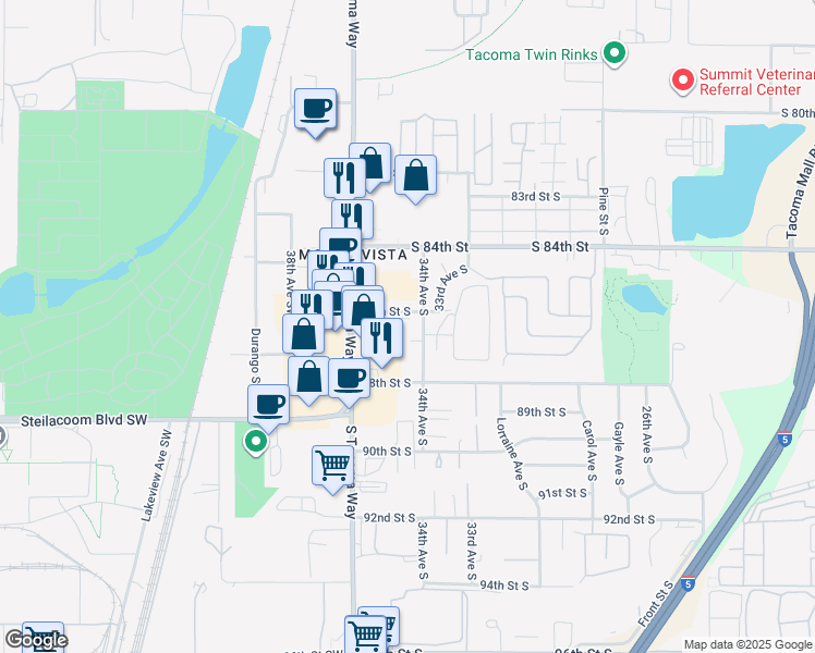 map of restaurants, bars, coffee shops, grocery stores, and more near 3329 86th Street South in Tacoma