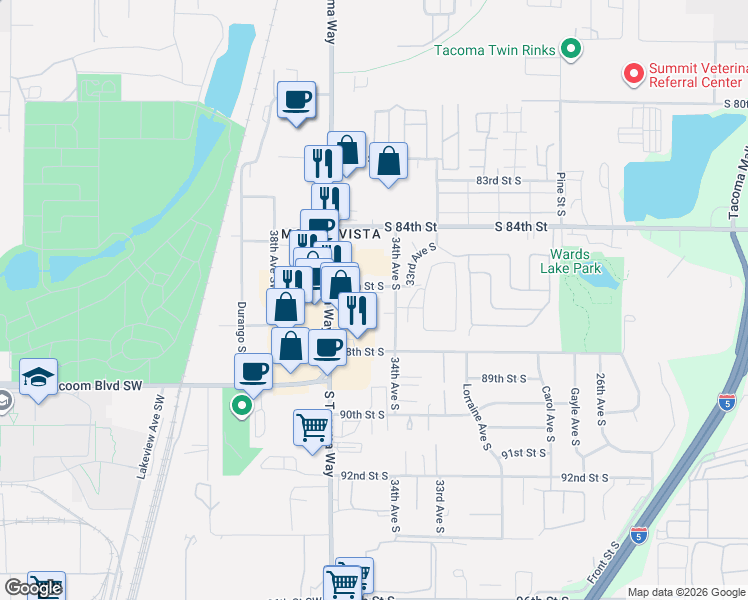 map of restaurants, bars, coffee shops, grocery stores, and more near 3401 86th Street South in Lakewood