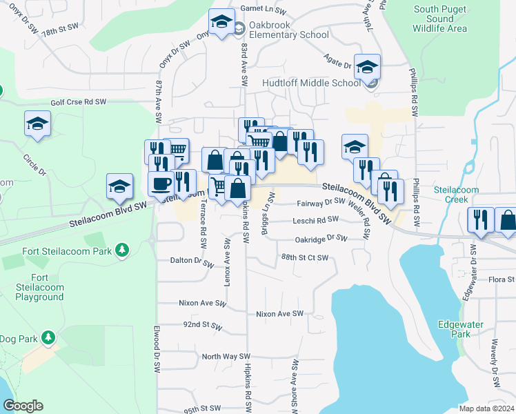 map of restaurants, bars, coffee shops, grocery stores, and more near 8224 Steilacoom Boulevard Southwest in Lakewood
