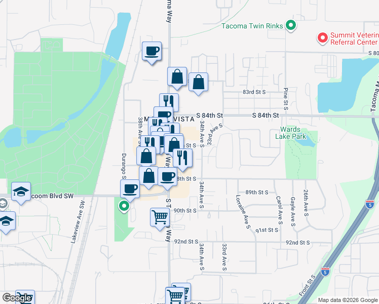 map of restaurants, bars, coffee shops, grocery stores, and more near 3422 86th Street South in Lakewood