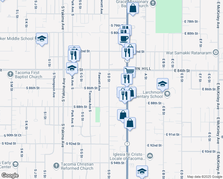 map of restaurants, bars, coffee shops, grocery stores, and more near 8602 South C Street in Tacoma