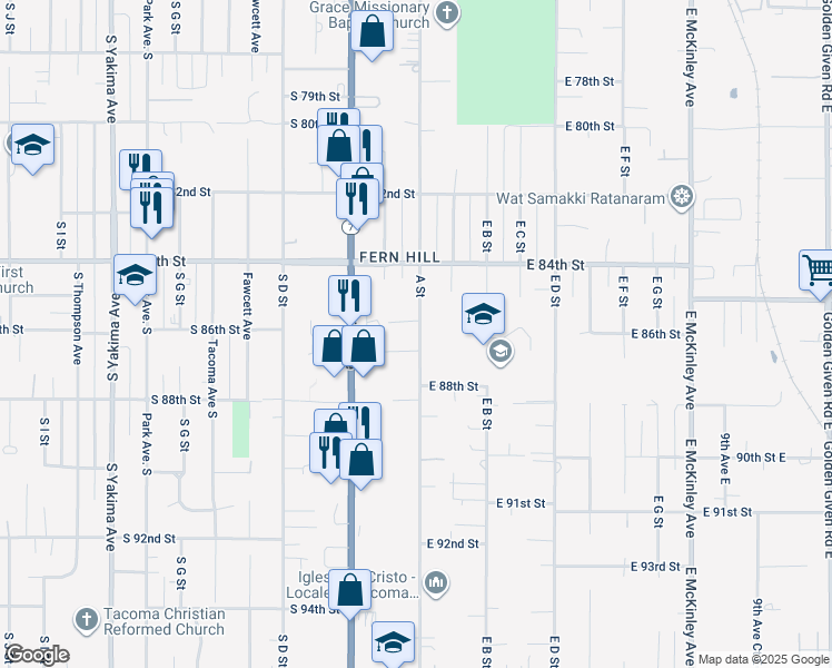 map of restaurants, bars, coffee shops, grocery stores, and more near 8443 A Street in Tacoma