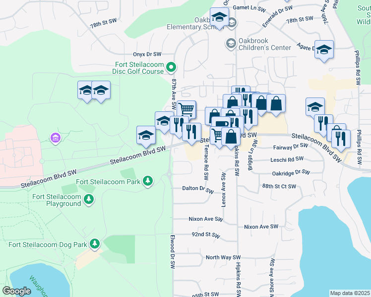 map of restaurants, bars, coffee shops, grocery stores, and more near 8520 Steilacoom Boulevard Southwest in Lakewood