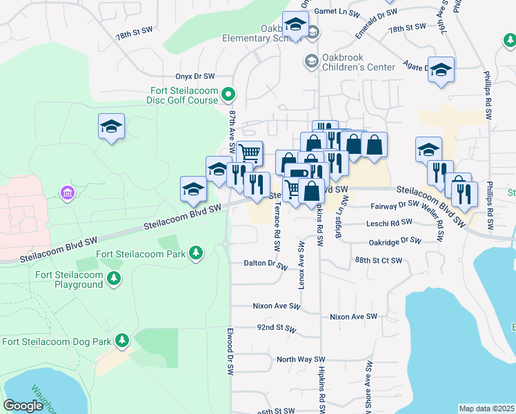 map of restaurants, bars, coffee shops, grocery stores, and more near 8520 Steilacoom Boulevard Southwest in Lakewood