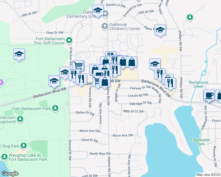 map of restaurants, bars, coffee shops, grocery stores, and more near 8224 Steilacoom Boulevard Southwest in Lakewood