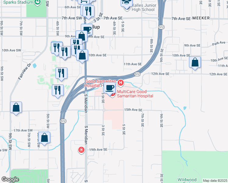 map of restaurants, bars, coffee shops, grocery stores, and more near 407 14th Avenue Southeast in Puyallup