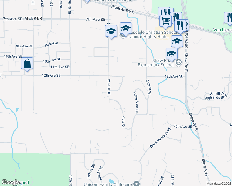 map of restaurants, bars, coffee shops, grocery stores, and more near 1229 21st Street Southeast in Puyallup