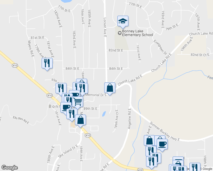 map of restaurants, bars, coffee shops, grocery stores, and more near 8505 Locust Avenue East in Bonney Lake