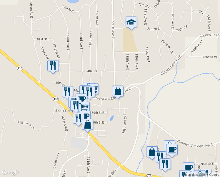 map of restaurants, bars, coffee shops, grocery stores, and more near 8403 Locust Avenue East in Bonney Lake