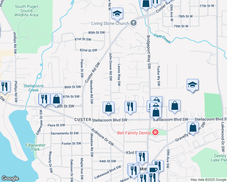 map of restaurants, bars, coffee shops, grocery stores, and more near 8515 John Dower Road Southwest in Tacoma