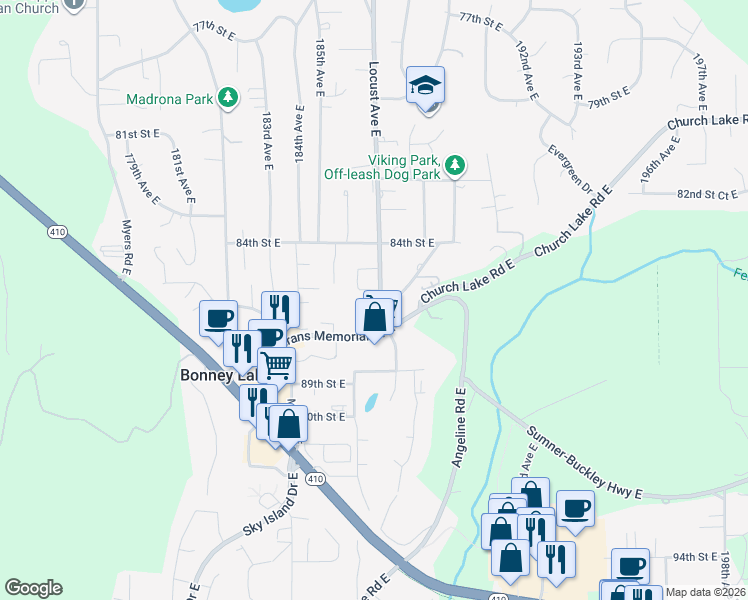 map of restaurants, bars, coffee shops, grocery stores, and more near 8403 Locust Avenue East in Bonney Lake