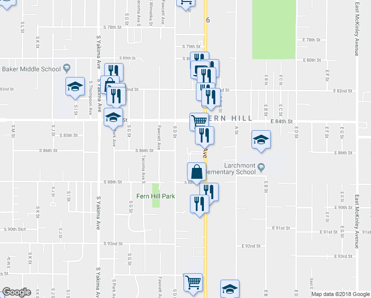 map of restaurants, bars, coffee shops, grocery stores, and more near 8602 South C Street in Tacoma