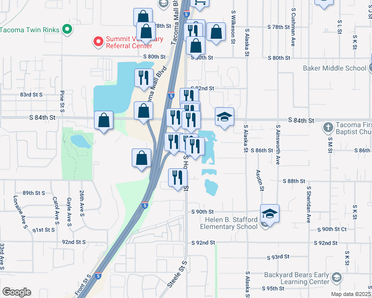 map of restaurants, bars, coffee shops, grocery stores, and more near 8433 S Hosmer St in Tacoma