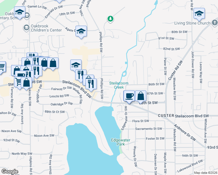 map of restaurants, bars, coffee shops, grocery stores, and more near 8519 Phillips Road Southwest in Lakewood