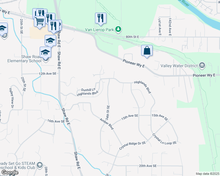 map of restaurants, bars, coffee shops, grocery stores, and more near 1309 34th Street Southeast in Puyallup