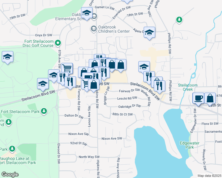 map of restaurants, bars, coffee shops, grocery stores, and more near 8176 Steilacoom Boulevard Southwest in Lakewood