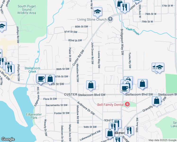 map of restaurants, bars, coffee shops, grocery stores, and more near 8520 John Dower Road Southwest in Lakewood